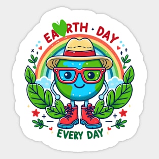 Earth Day Every Day Cute Earth Wearing Red Glasses and a Hat Sticker